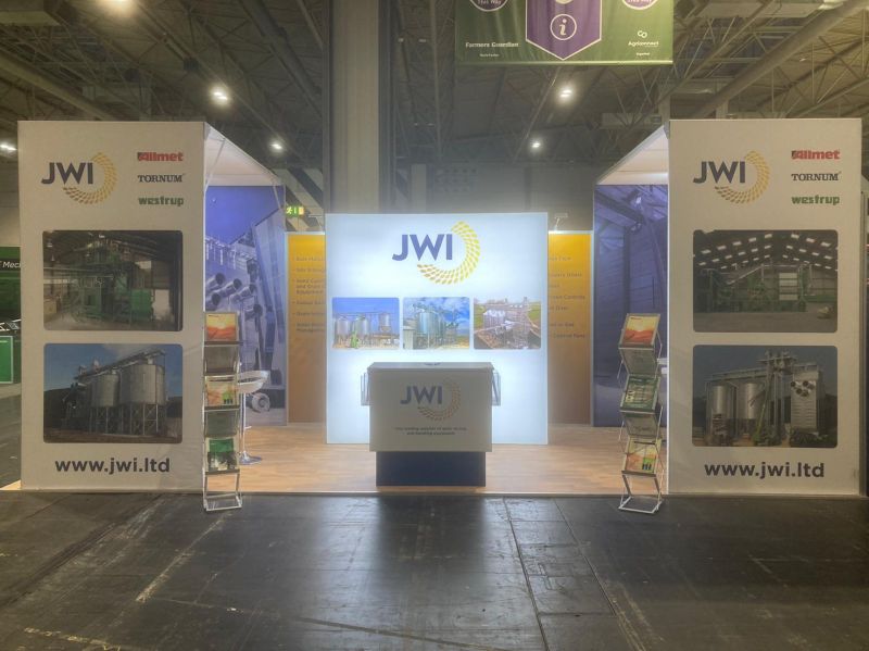 Image of the JWI stand at LAMMA 2023 showcasing grain drying, grain cleaning and grain storage systems
